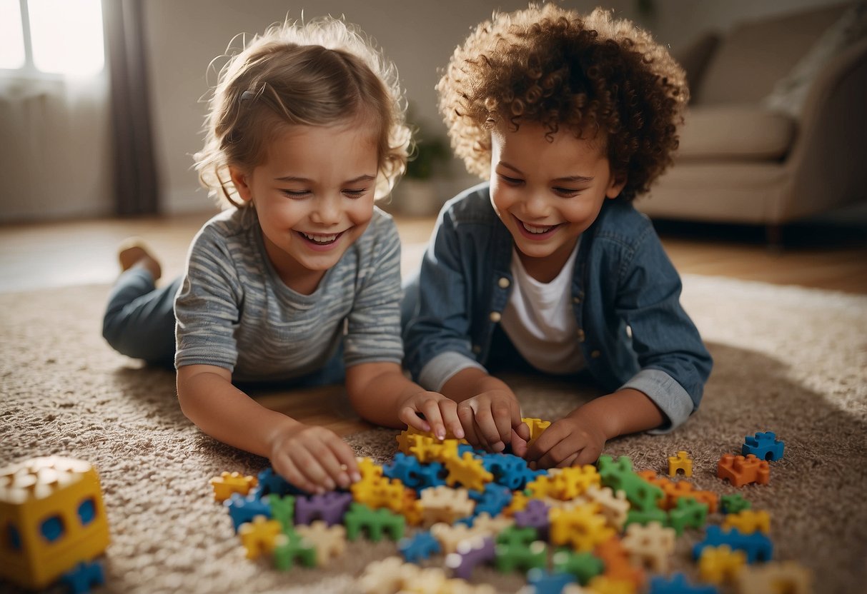 Two siblings playing together, sharing toys and laughing. One is helping the other with a puzzle. They are smiling and enjoying each other's company