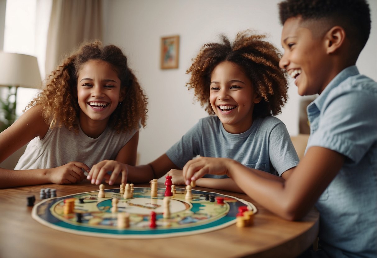 A family sitting around a table playing a board game, laughing and interacting positively with each other. Siblings are engaged in the game and showing support and encouragement towards each other