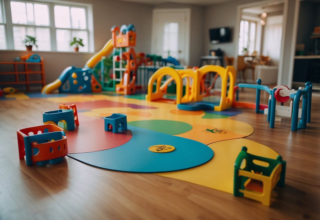 A colorful room with two separate play areas divided by a line on the floor. Toys neatly organized in each section, with a sign above reading "Positive Sibling Interactions."