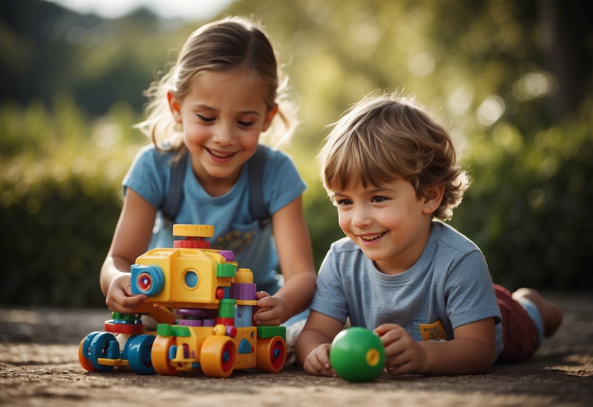 Two siblings sharing toys and playing together happily, while one sibling helps the other with a task. Smiling faces and friendly gestures show positive interaction