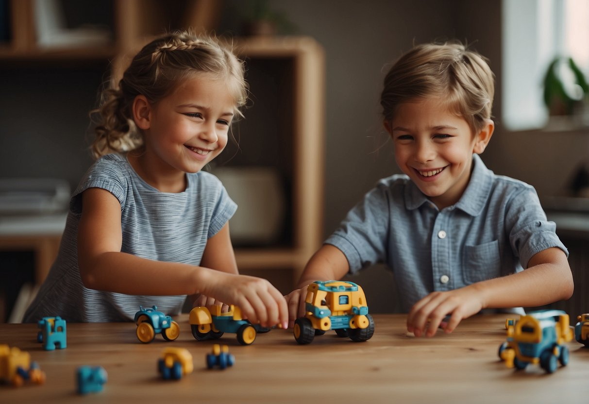 Siblings cooperating on a task, sharing toys, or working on a project together. Smiling faces and positive interactions