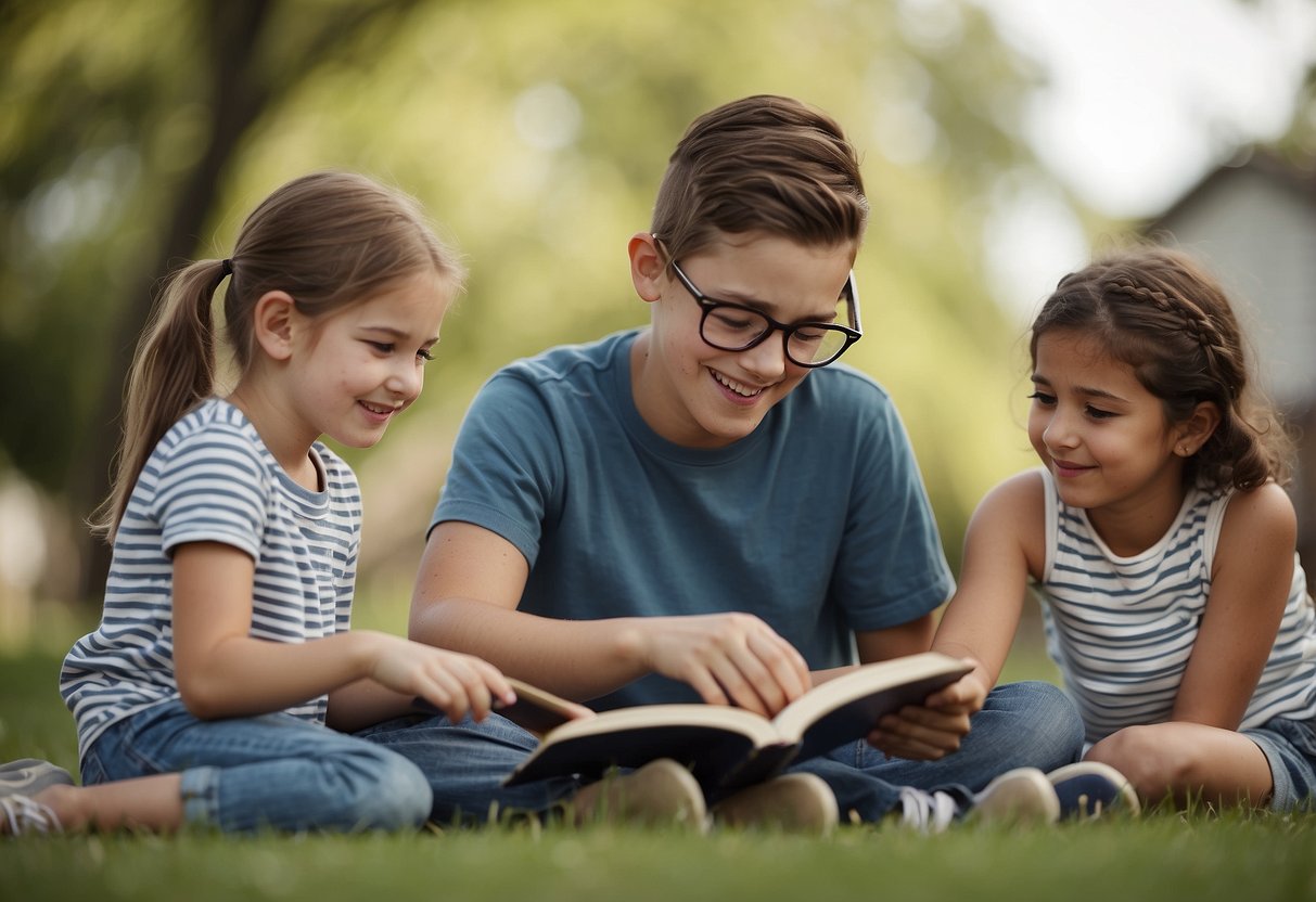 A group of siblings gather around their special needs brother or sister, engaging in activities like reading, playing games, and helping with daily tasks