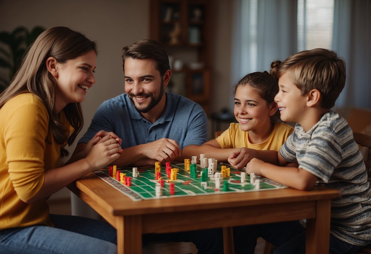 A family gathers around a table for game night, including a special needs child and their siblings. The siblings are actively involved in the care and inclusion of their special needs sibling