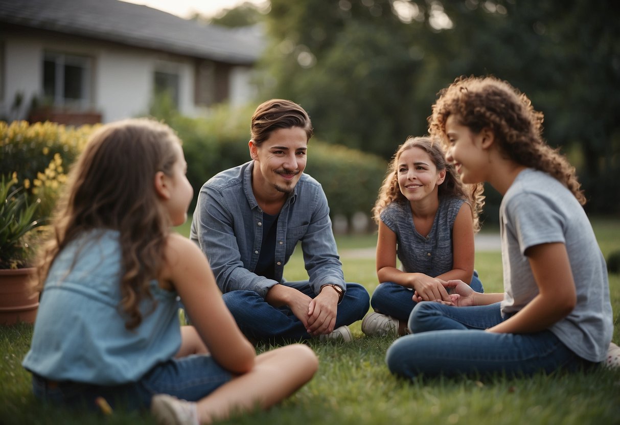 A group of siblings sitting in a circle, engaged in a discussion with a counselor. The counselor is leading the session, while the siblings listen and interact with each other