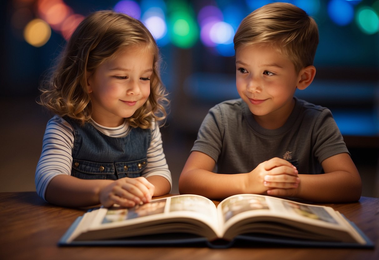 Siblings sit close, reading aloud from a colorful storybook. One points to the pictures as the other listens attentively, enjoying the shared activity