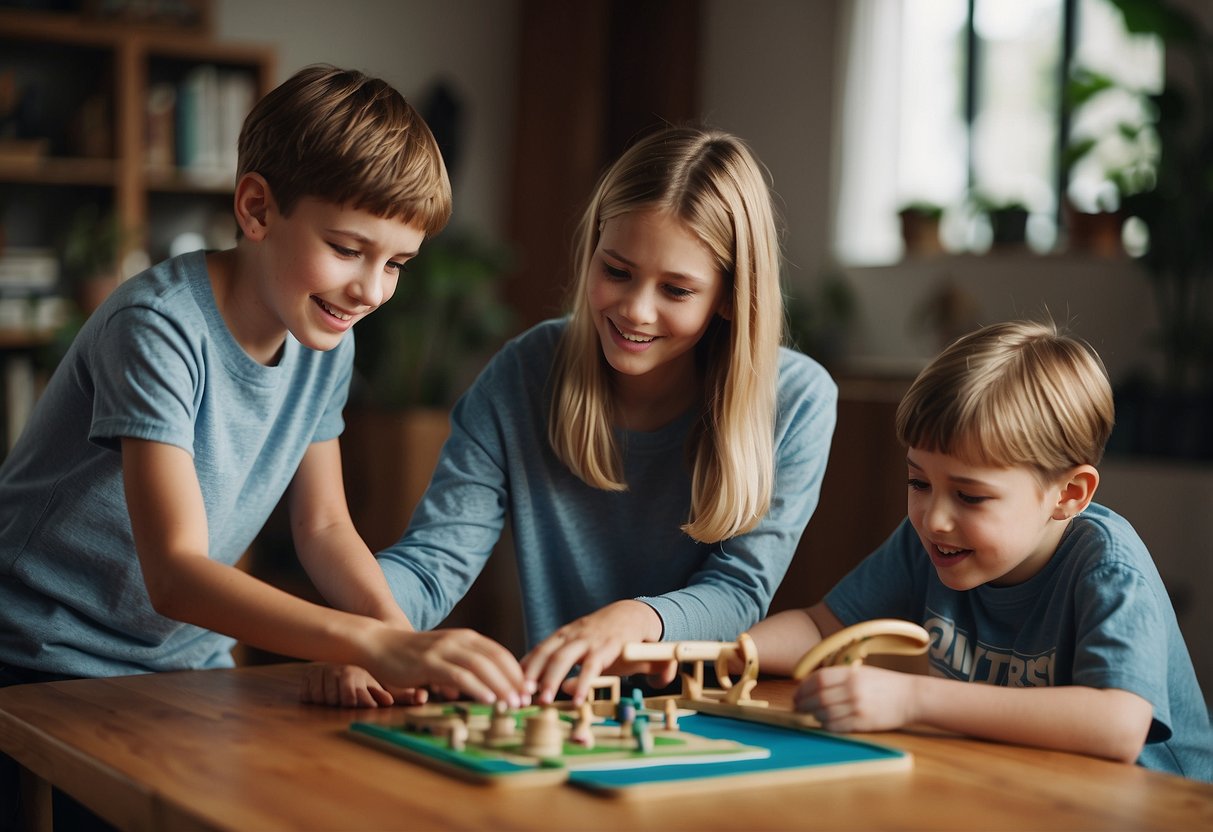 A group of siblings engage in various activities with a special needs child, such as playing games, reading books, going for walks, and doing art projects together