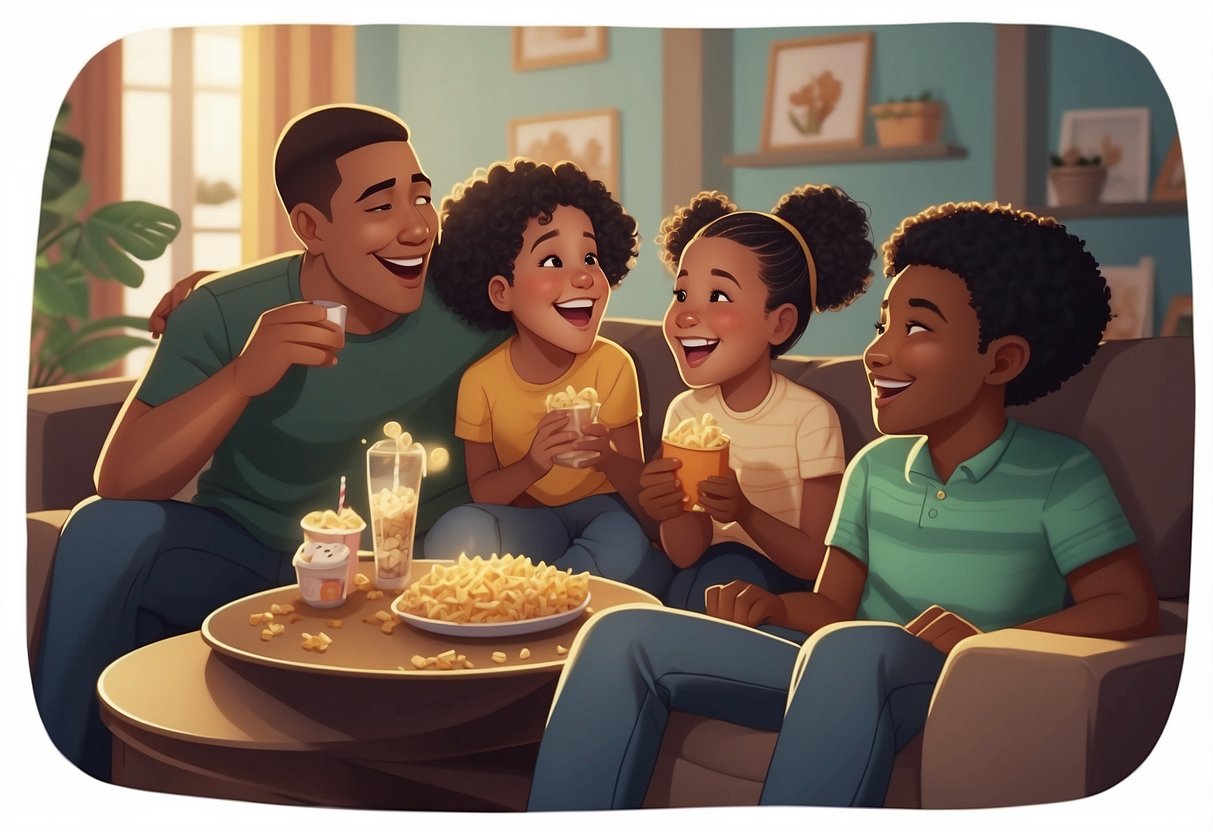 A group of diverse siblings gather around a cozy living room, watching a movie together. The room is filled with laughter and joy as they enjoy a special inclusive movie night