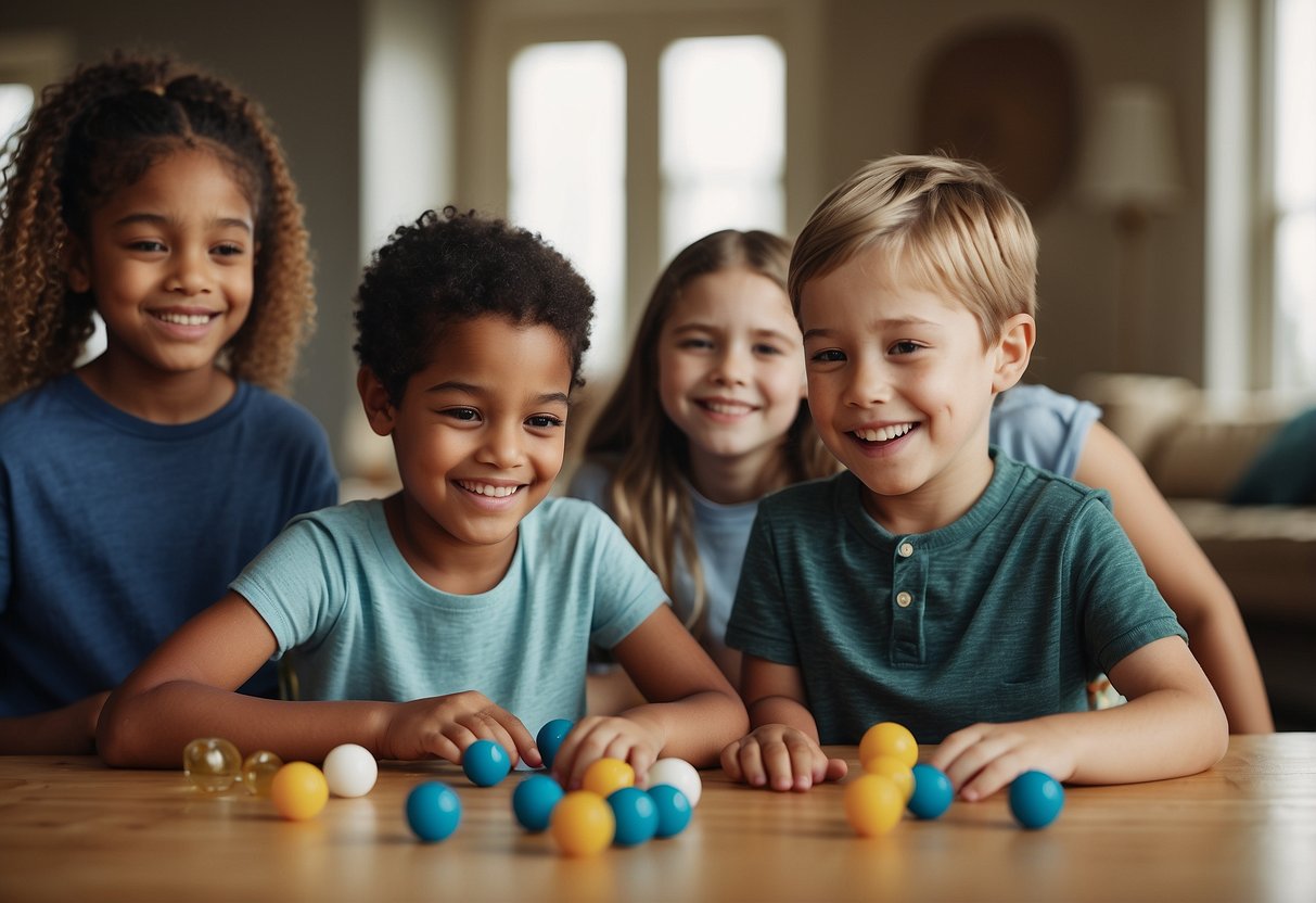 A group of children of various ages and abilities engage in inclusive activities, with siblings participating in caring for a special needs child