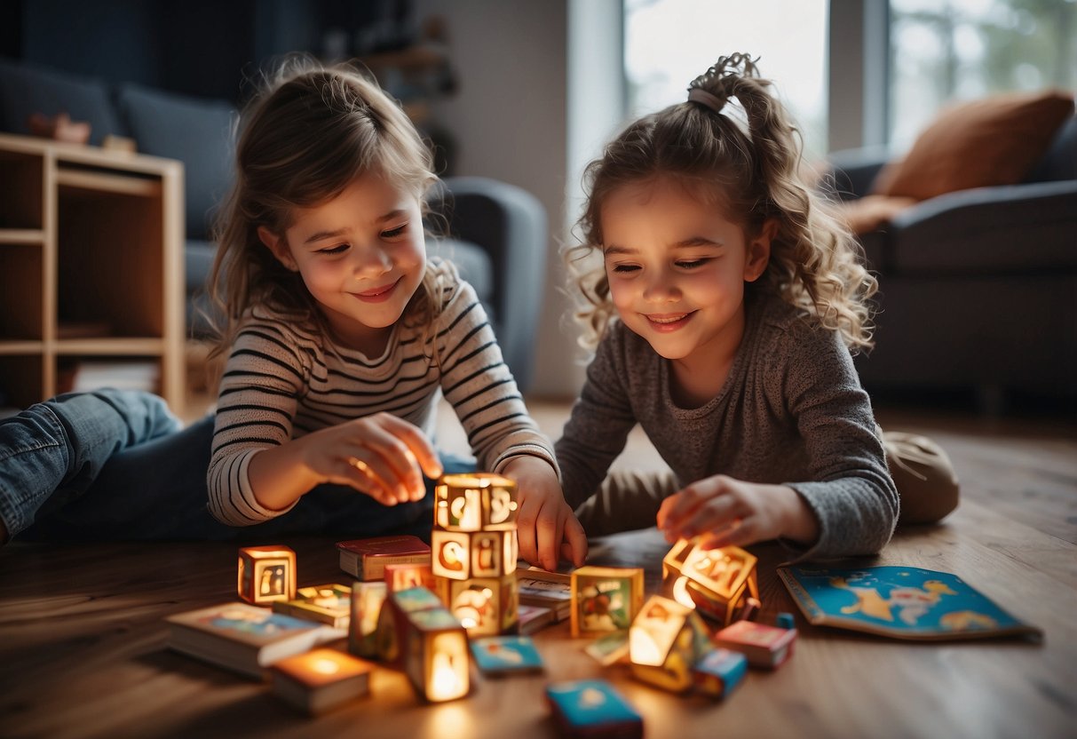 Two children playing together while a parent sits nearby, engaging with each child individually. Toys and books are scattered around, creating a cozy and inclusive atmosphere