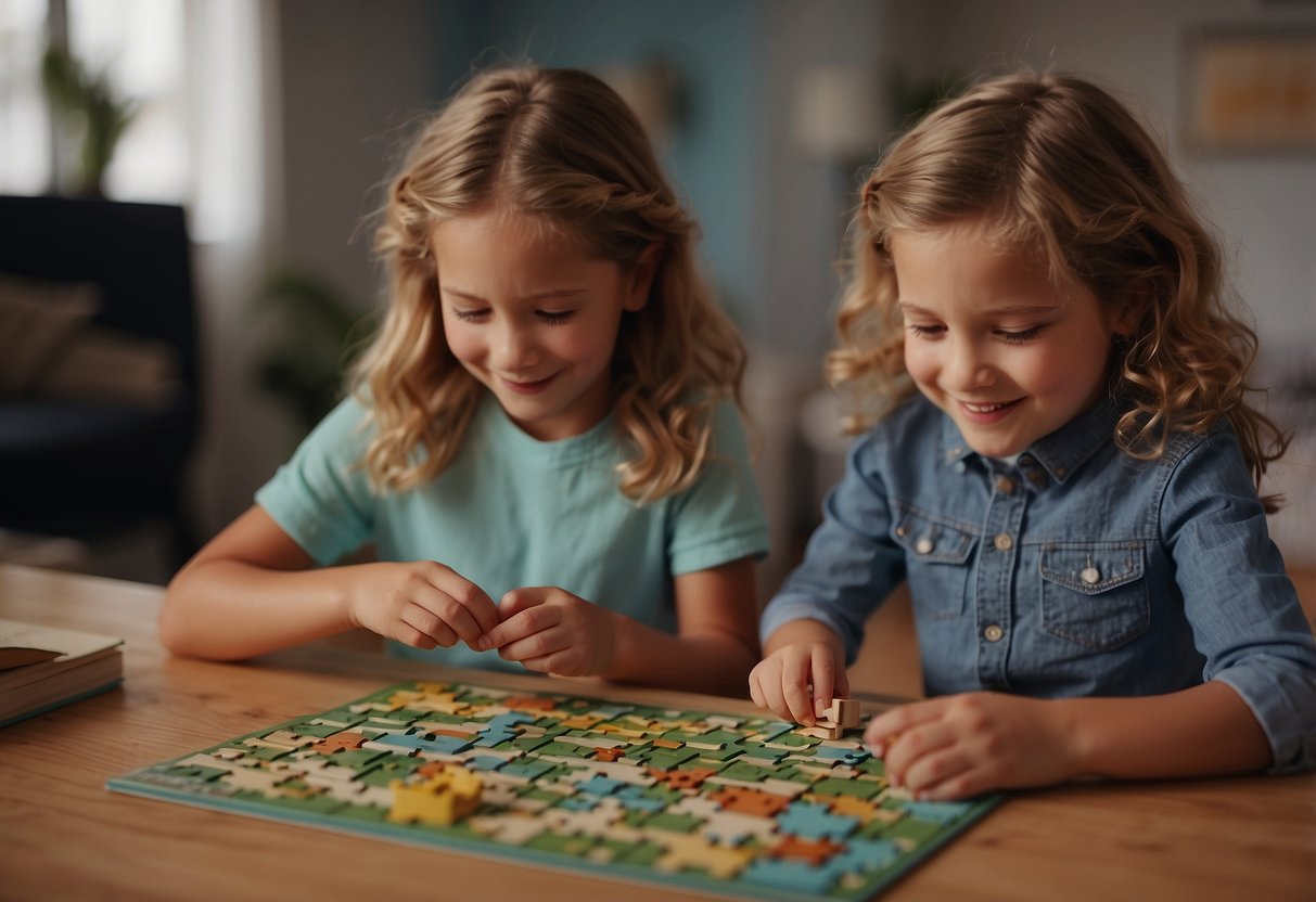 Siblings playing together, taking turns and sharing toys. One sibling reading a book while the other plays with a puzzle. Parents overseeing and encouraging fair participation