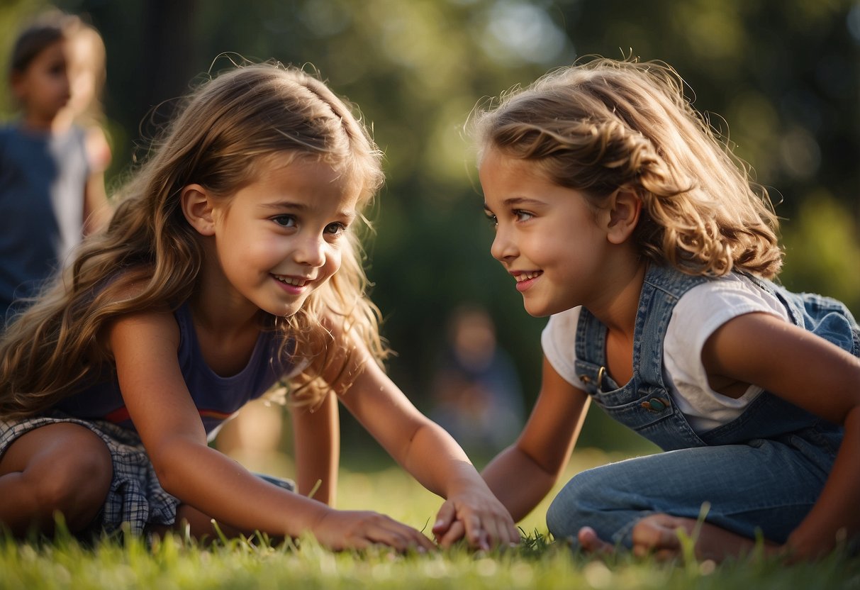 Children playing together, one child listening attentively to the other. Siblings engaged in a shared activity, showing inclusion and consideration