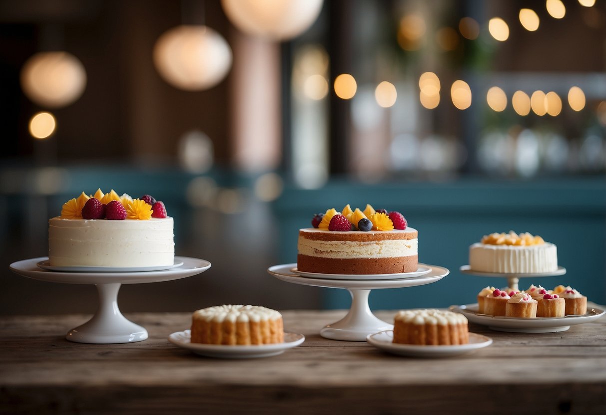 A table with three different sized cakes, each with its own unique decoration. A sign reading "Be Fair and Avoid Comparisons" hangs above