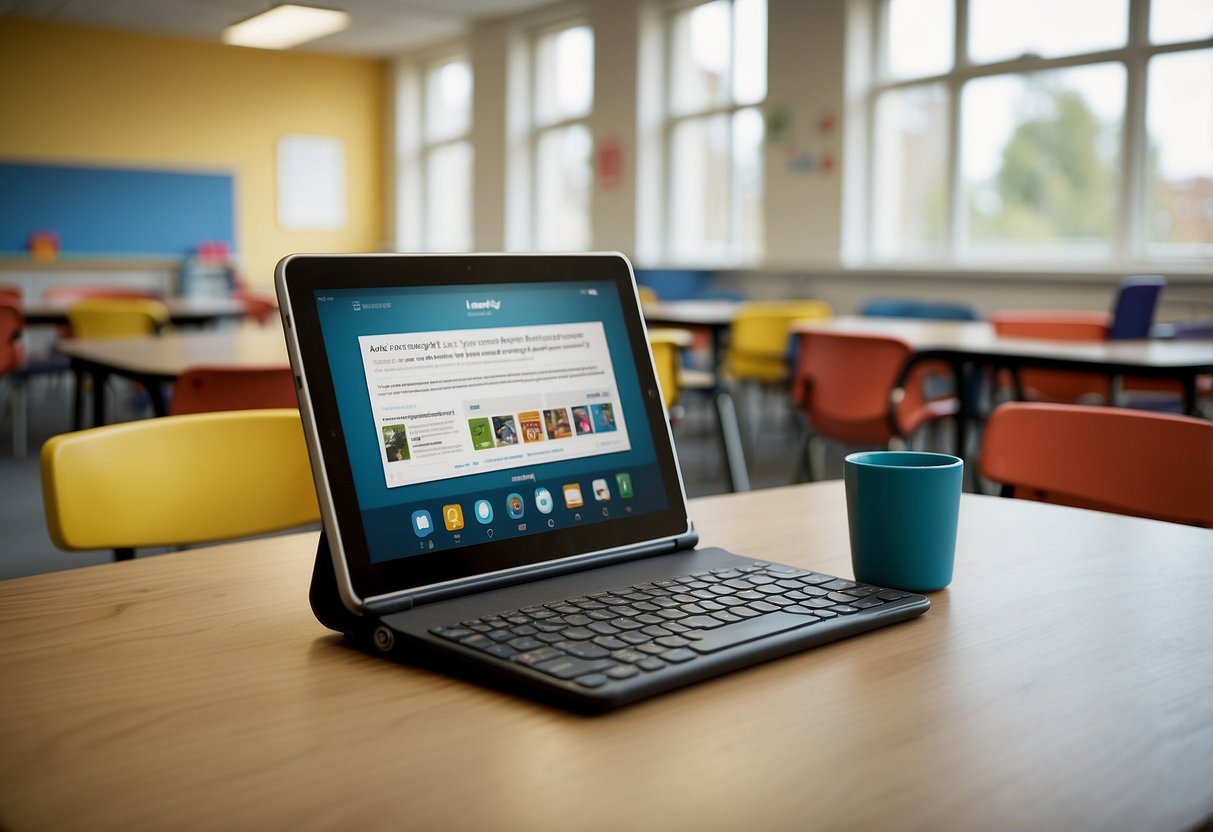 A child's school desk with a tablet or laptop equipped with assistive technology. A parent or advocate speaking confidently to school staff. Educational materials and resources visible in the background