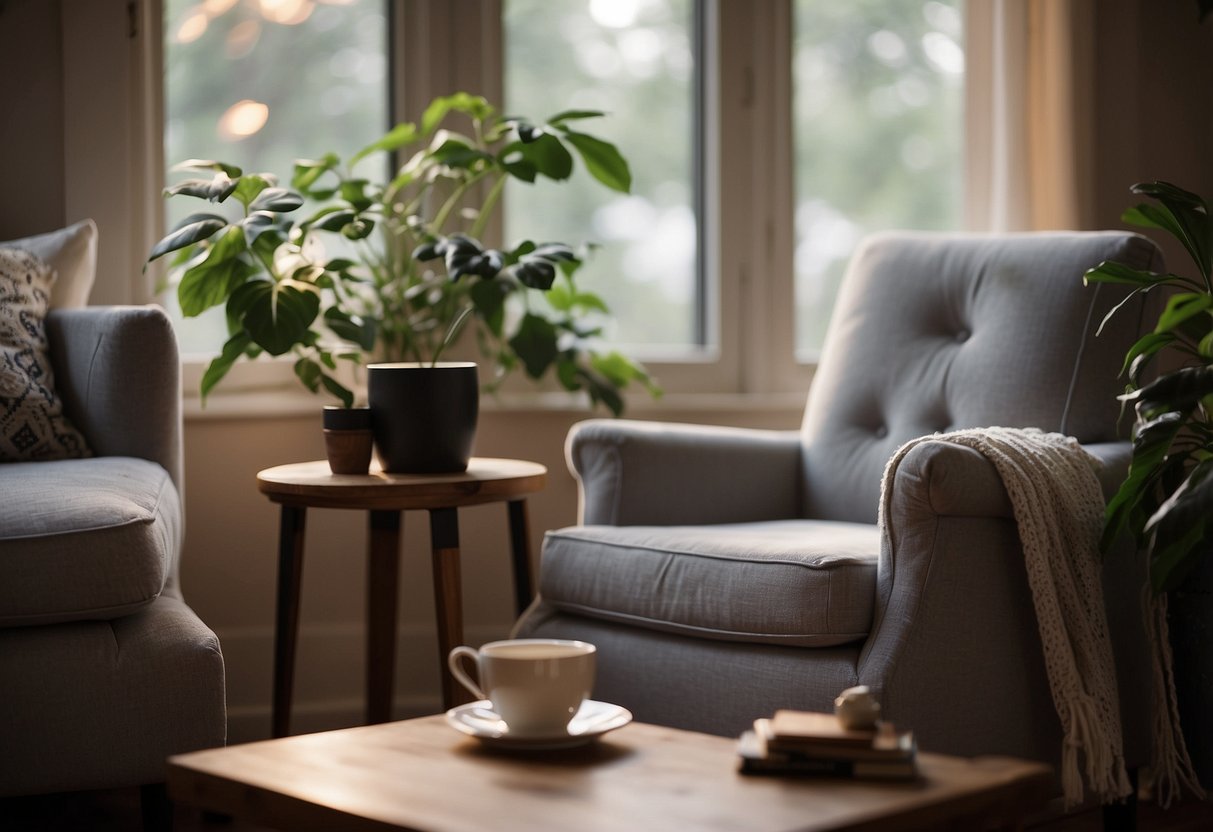 A serene setting with a cozy armchair, a cup of tea, and a stack of books on self-care and mental health. A calming atmosphere with soft lighting and plants, creating a sense of peace and relaxation