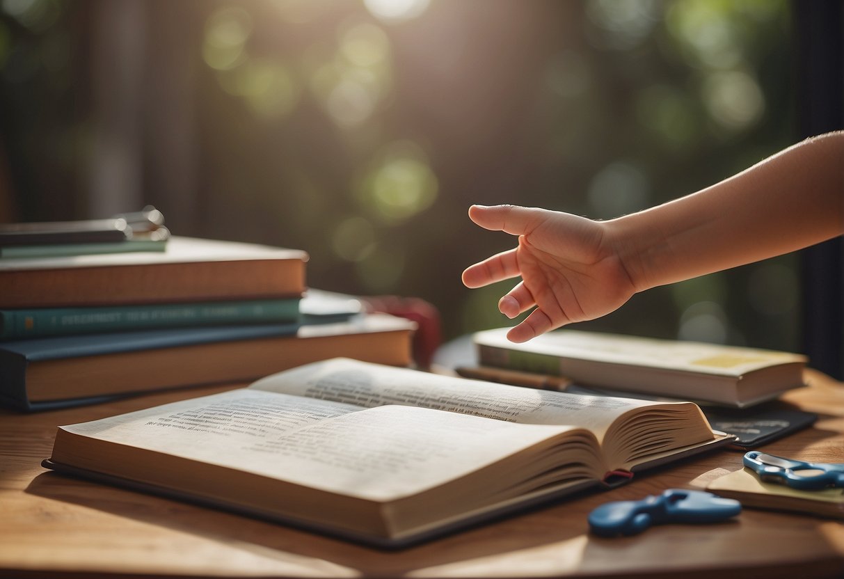 A child's hand reaching out for a parent's support, while a book titled "Understanding the Needs of Your Child" sits open on a table, surrounded by supportive resources and tools