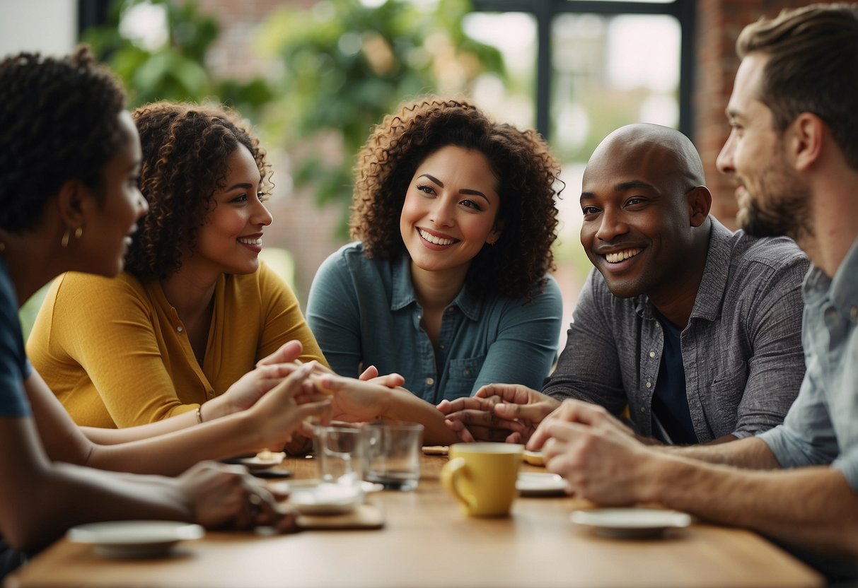 A group of diverse individuals gather around a table, engaging in conversation and offering support to one another. A sense of community and collaboration is evident as they work together to advocate for their special needs children