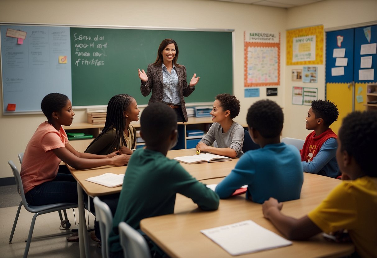 A classroom with diverse students and a teacher leading a discussion. Bulletin boards display educational resources and positive affirmations. A parent and school staff are engaged in a respectful conversation