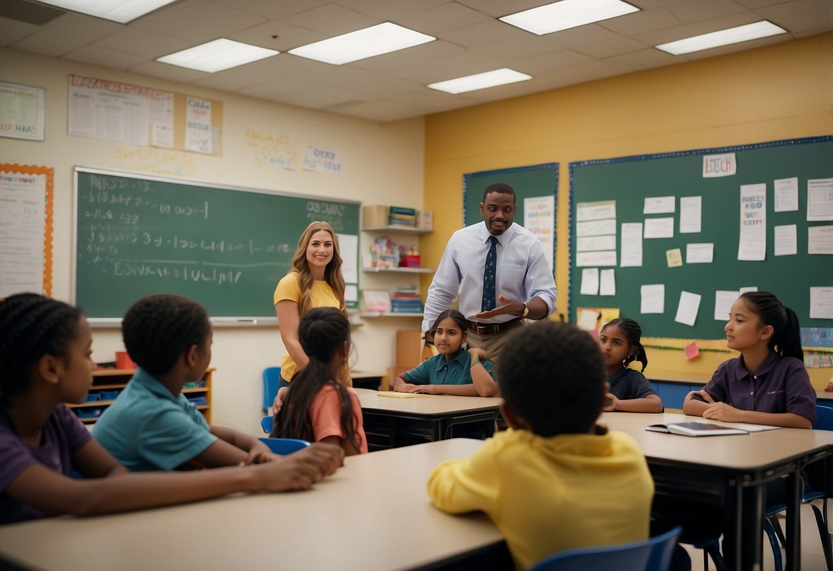 A classroom with diverse students, a teacher, and an advocate discussing special education rights and strategies. Charts, books, and educational materials are visible