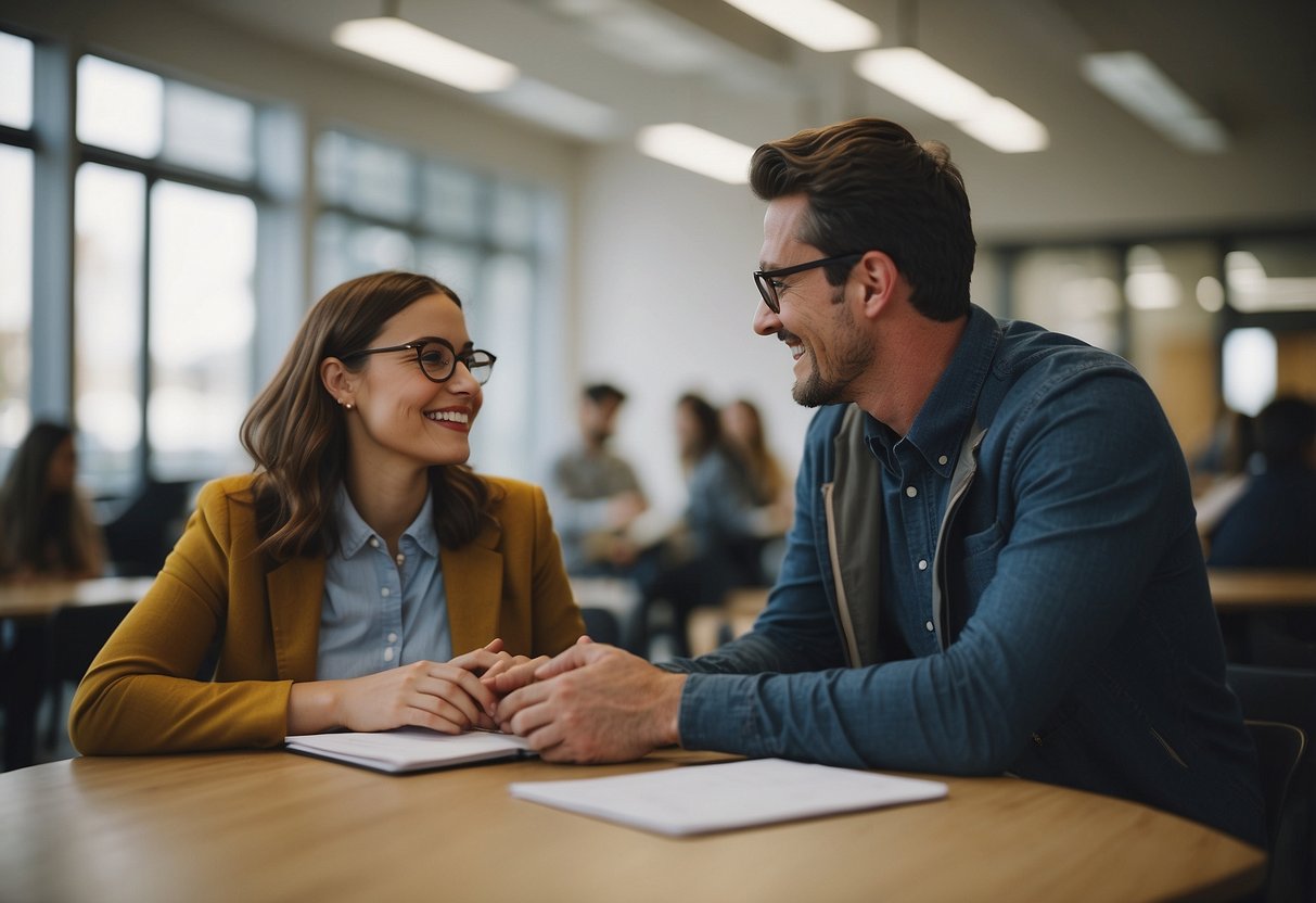 A student and a teacher engage in a conversation, exchanging ideas and collaborating on a project. They are both smiling and appear to be in a positive and supportive relationship