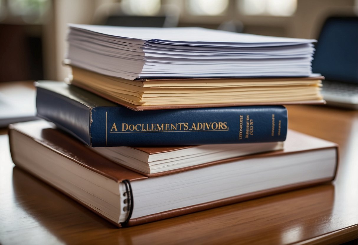 A stack of papers labeled "Document All Communications" sits on a desk next to a notebook with "7 Strategies for Navigating the School System as an Advocate" written on the cover