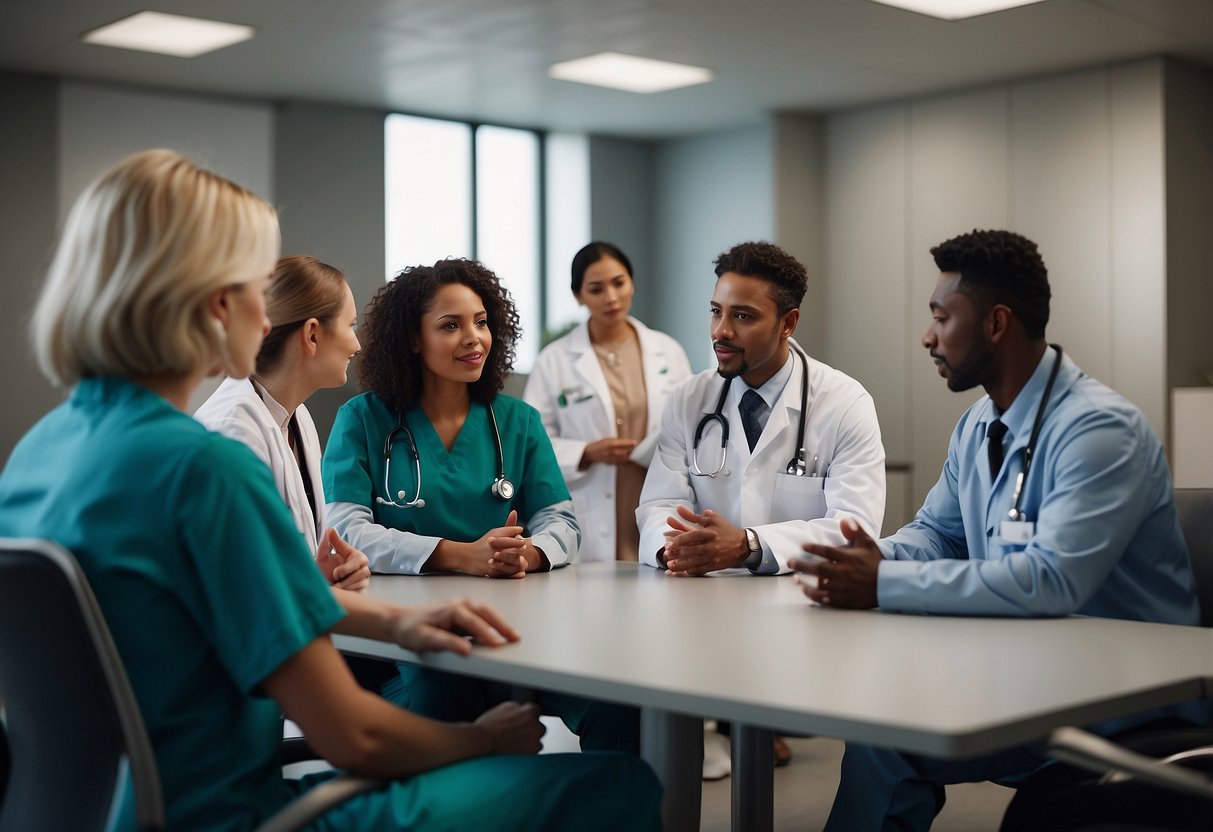 A parent calmly discusses medical concerns with a group of attentive healthcare professionals, using assertive body language and clear communication