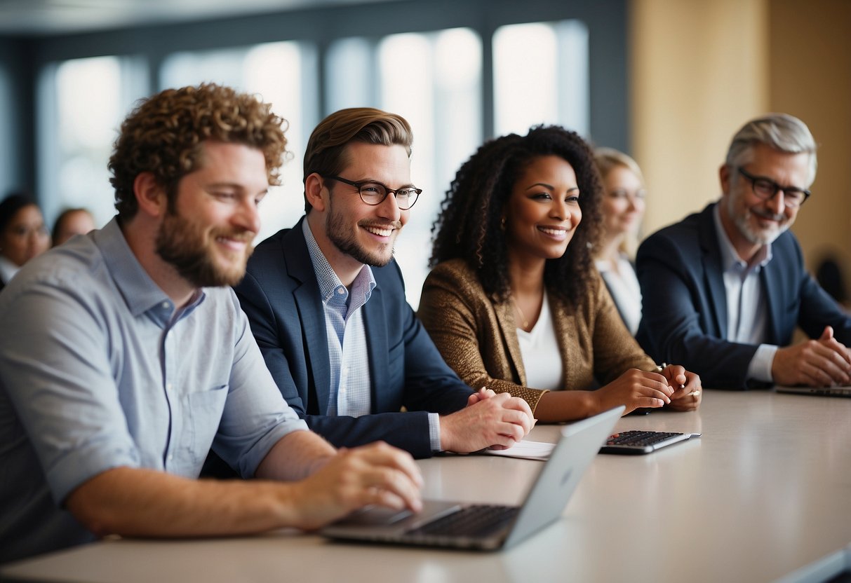 A diverse group of individuals engaging in empowering activities, such as public speaking, writing, and networking to advocate for special needs rights