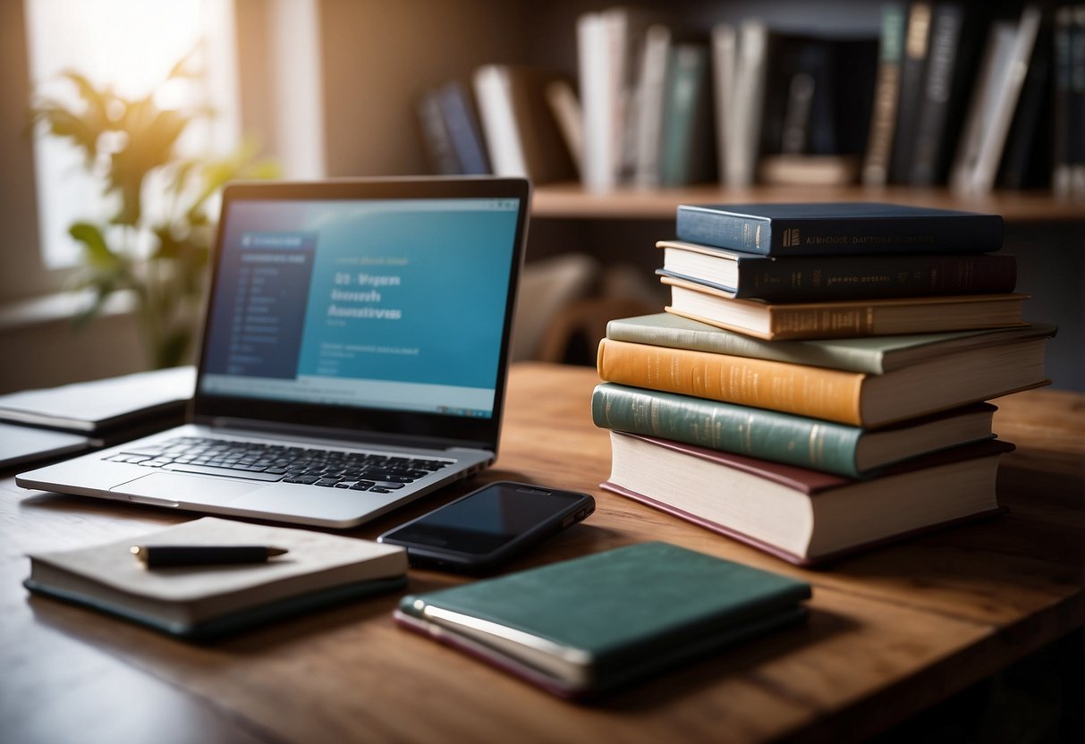 A stack of books on a desk, a person taking notes, a computer open to a webpage titled "8 Techniques for Building Confidence as a Special Needs Advocate"