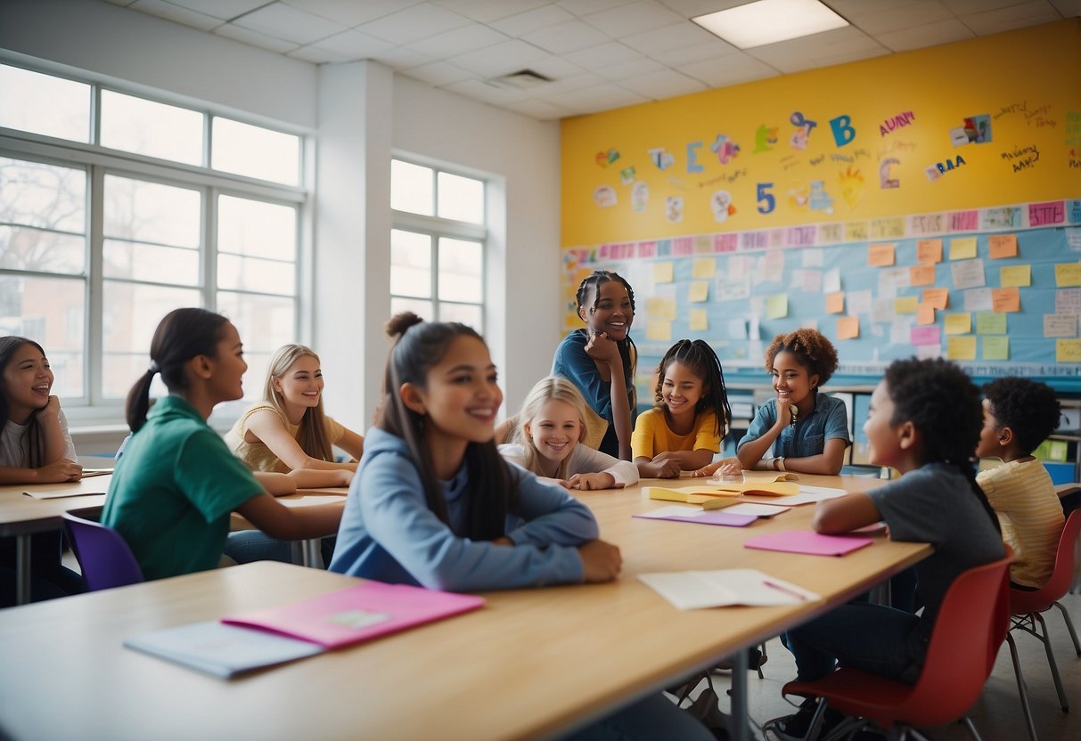 A bright and colorful classroom setting with diverse students engaging in activities, surrounded by empowering and encouraging words and phrases on the walls