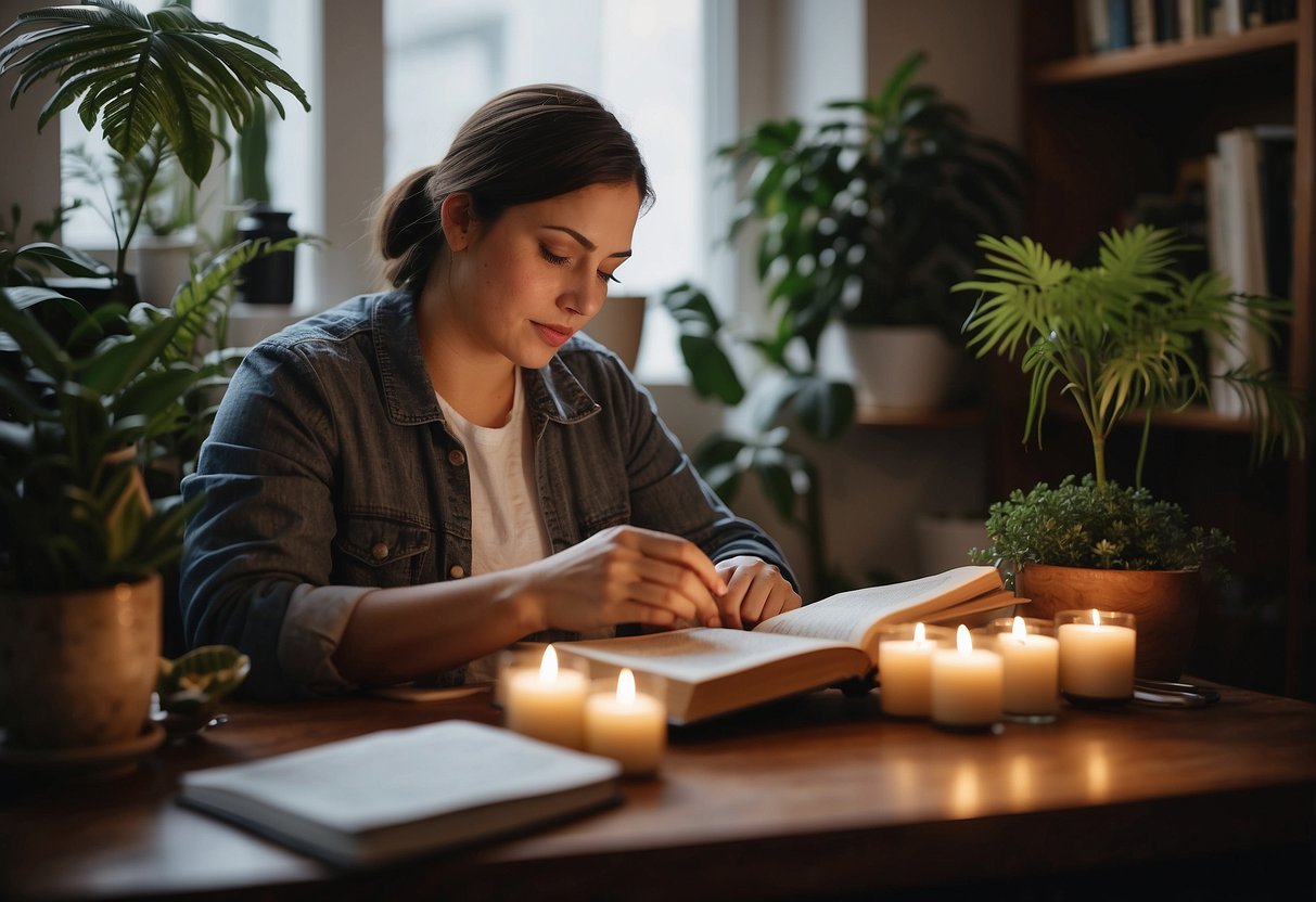 A person sitting in a quiet room, surrounded by calming objects like plants and candles. They are reading a book on building confidence as a special needs advocate