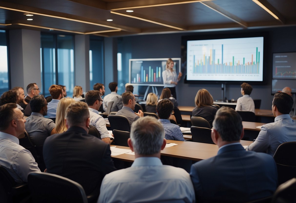 People gathered in a conference room, listening to a speaker. Charts and diagrams on the walls. Engaged expressions, nodding heads