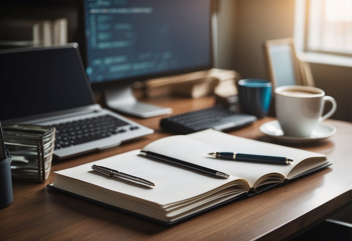 A desk with neatly organized folders, notebooks, and a computer displaying "8 Techniques for Building Confidence as a Special Needs Advocate." A checklist and pen sit nearby