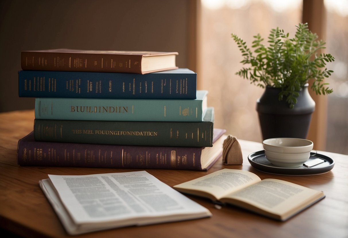 A person reading a book titled "Building Foundational Knowledge: 8 Techniques for Building Confidence as a Special Needs Advocate" with a stack of books and papers on a desk