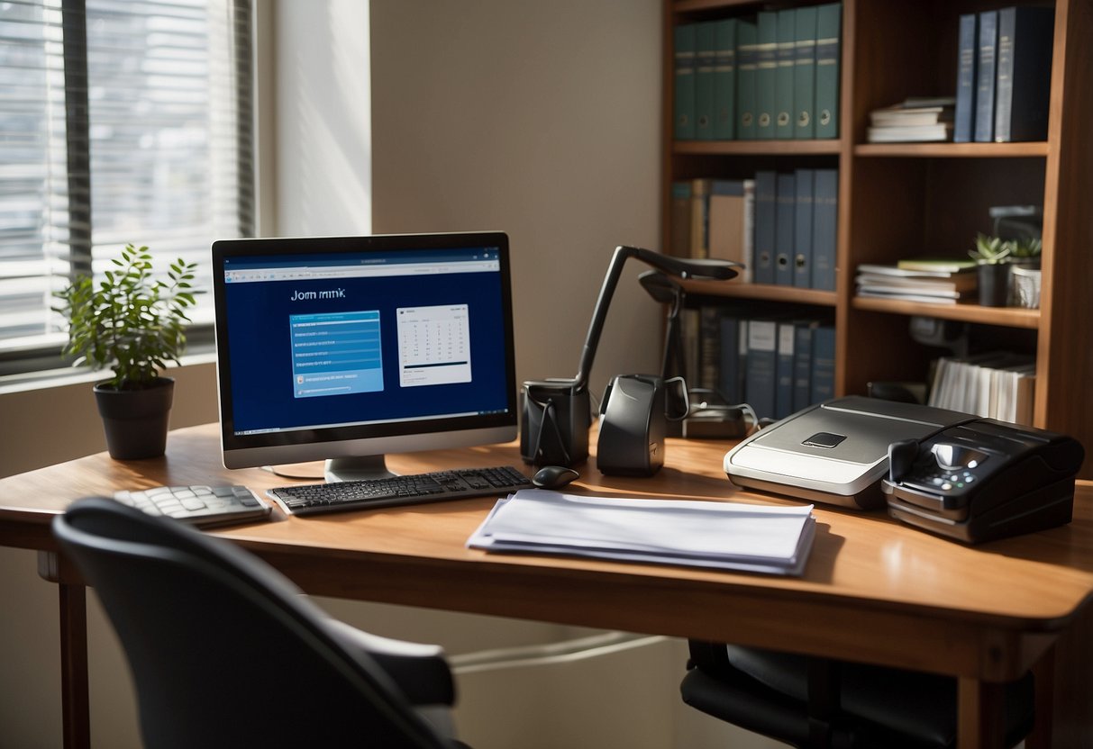 A desk with a computer, printer, and files. A bookshelf filled with resources. A phone and notebook for taking notes. A calendar with important dates. A comfortable chair for long hours of advocacy work