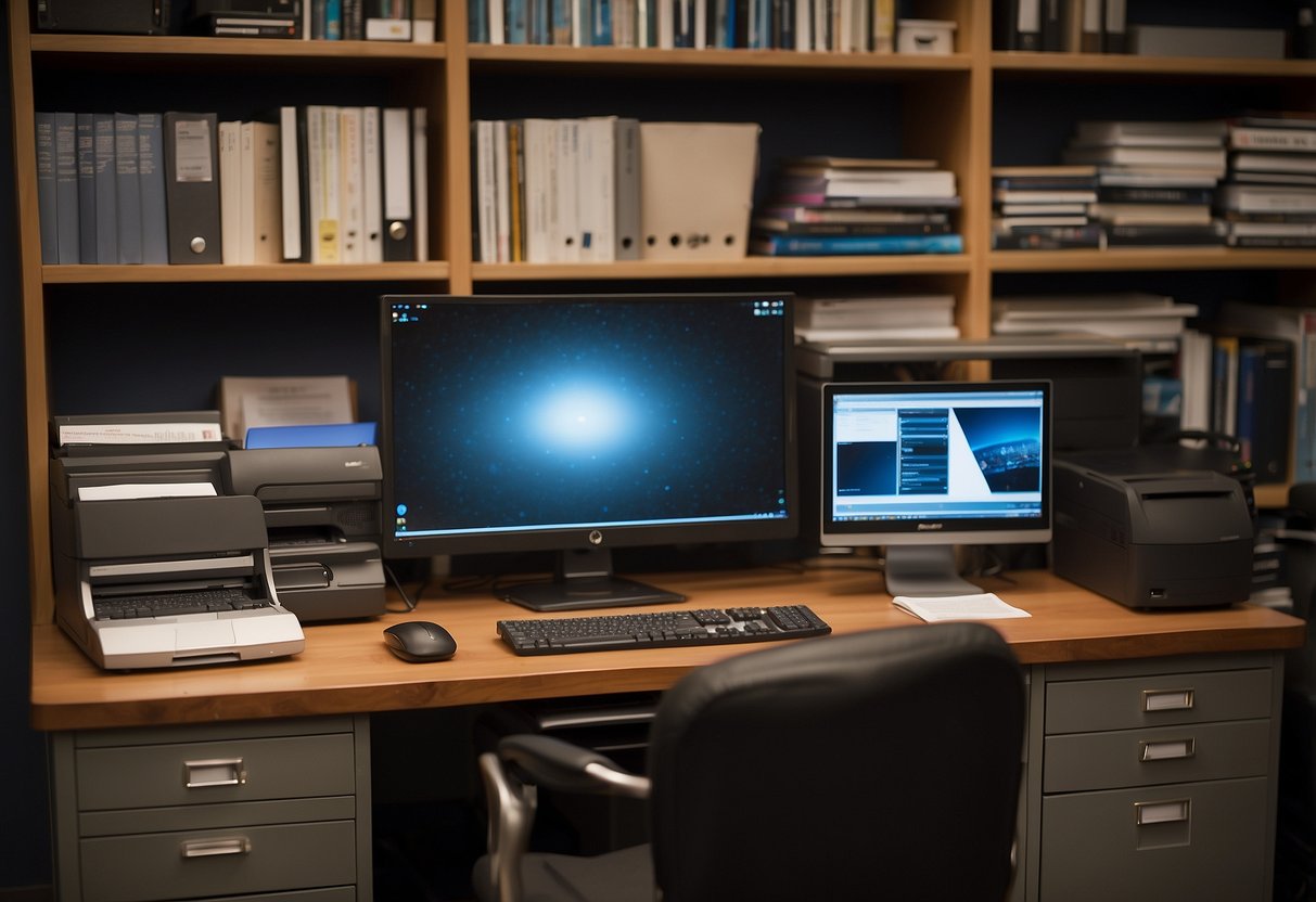 A desk with a computer, printer, and phone. Shelves filled with books, binders, and resource materials. A bulletin board displaying helpful information and a comfortable chair for reading and research