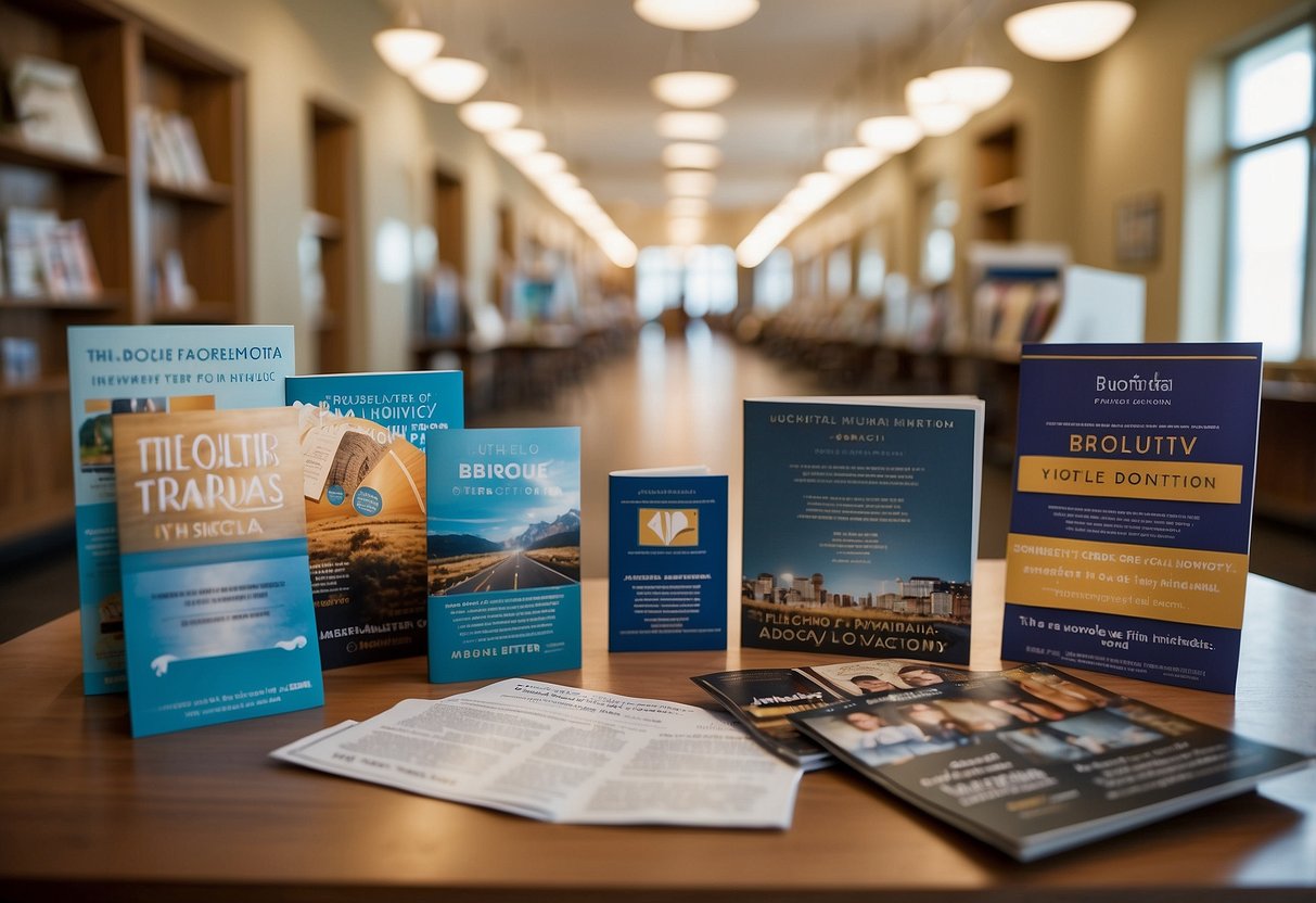 A table with brochures, pamphlets, and books on special needs advocacy. Posters with resource information on the walls. Bright, welcoming atmosphere