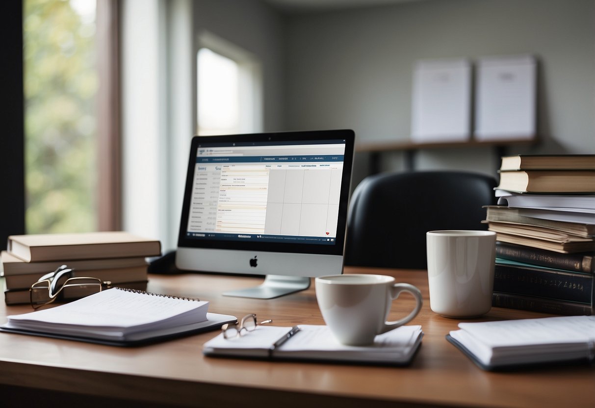 A desk with a computer, books, legal documents, and a mug of coffee. A bulletin board with resources and a calendar. Bright, organized, and professional