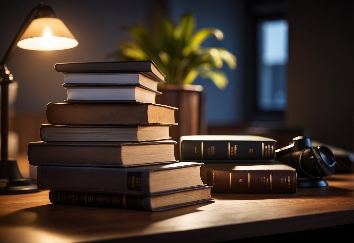 A stack of 10 essential resources, including legal guides, support networks, and educational materials, arranged on a desk with a spotlight shining down