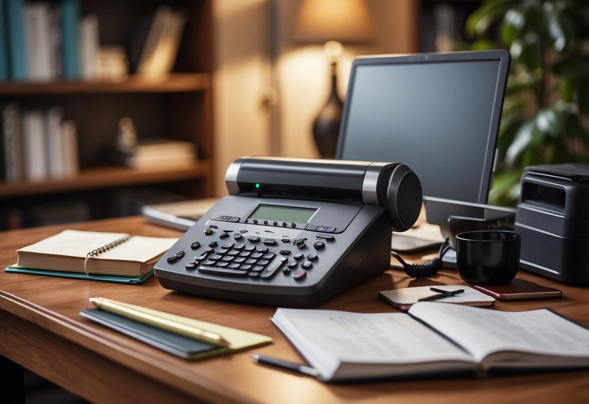 A desk with a computer, phone, and printer. A bookshelf filled with resources. A calendar with important dates. A notepad and pen for taking notes