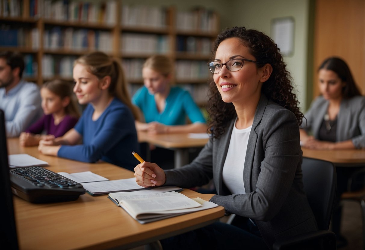 A parent sits at a desk, surrounded by educational materials and a computer. They are speaking confidently to a group of educators, advocating for their child's needs. The educators are listening attentively and taking notes