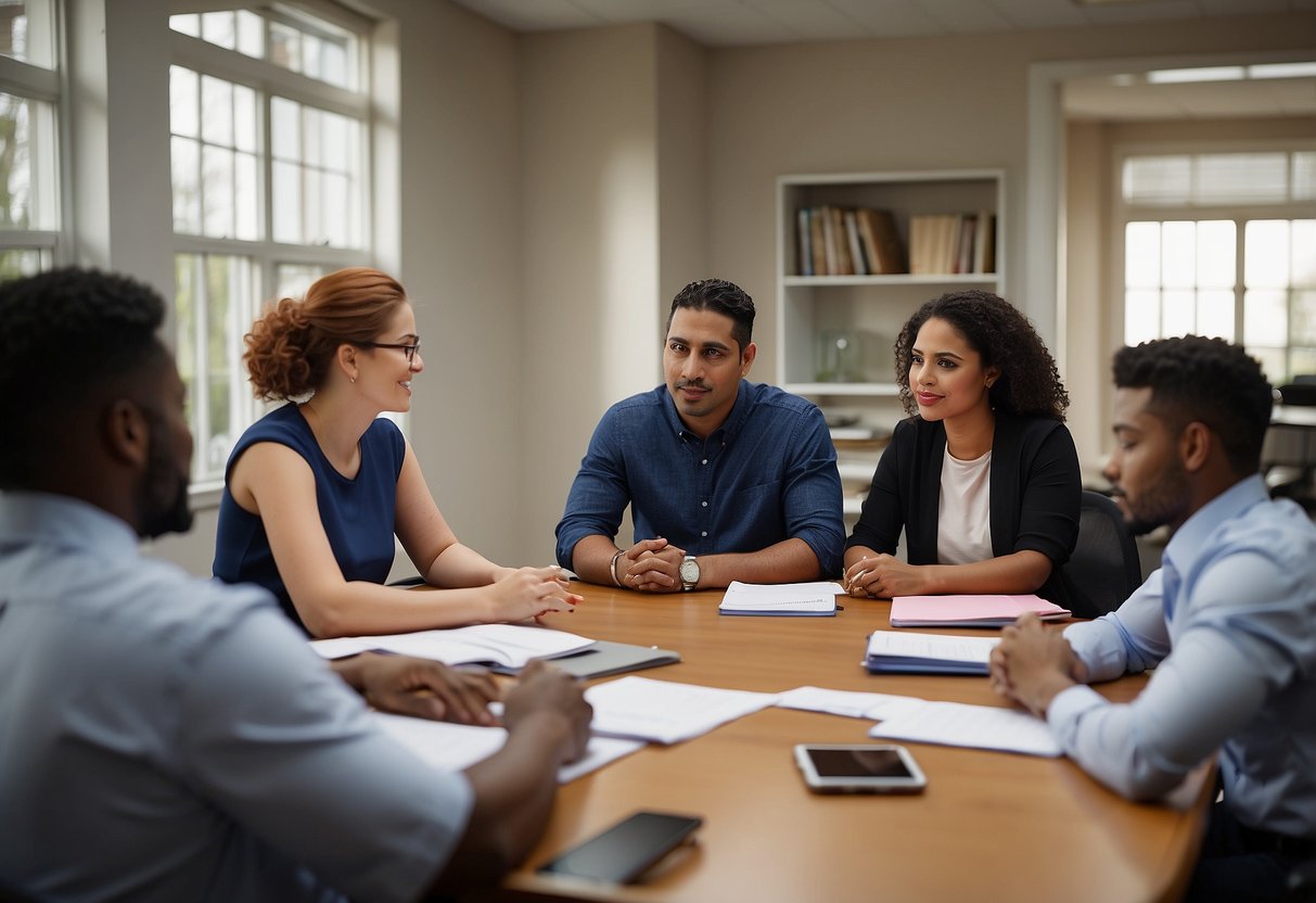 A group of individuals sitting around a table, engaged in discussion and actively participating in an IEP/504 meeting. Papers and notebooks are scattered around, and everyone is focused on advocating for the educational needs of a child