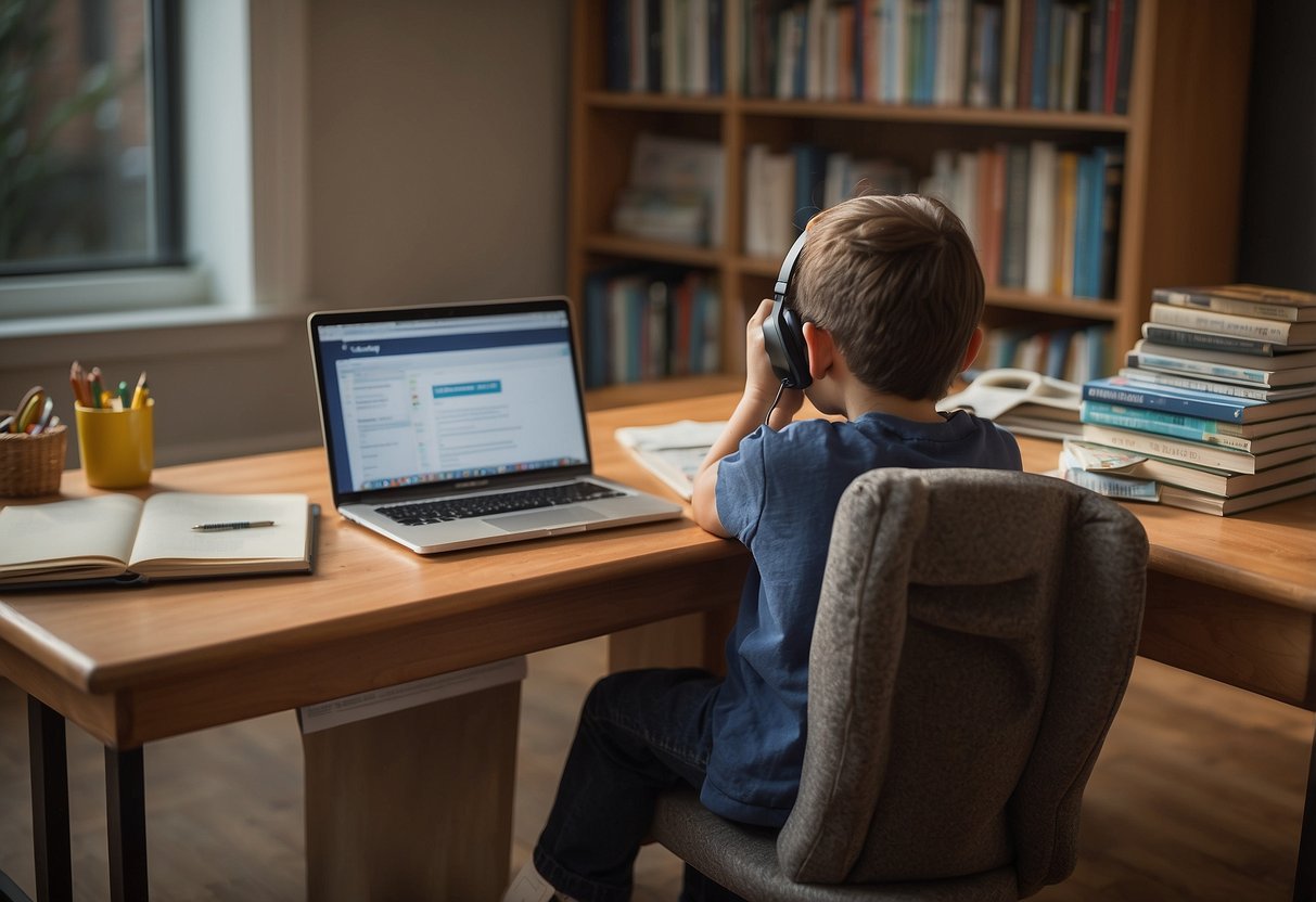 A parent sits at a desk with a laptop and notebook, surrounded by educational books and resources. They are engaged in a phone call with a school representative, advocating for their child's educational needs