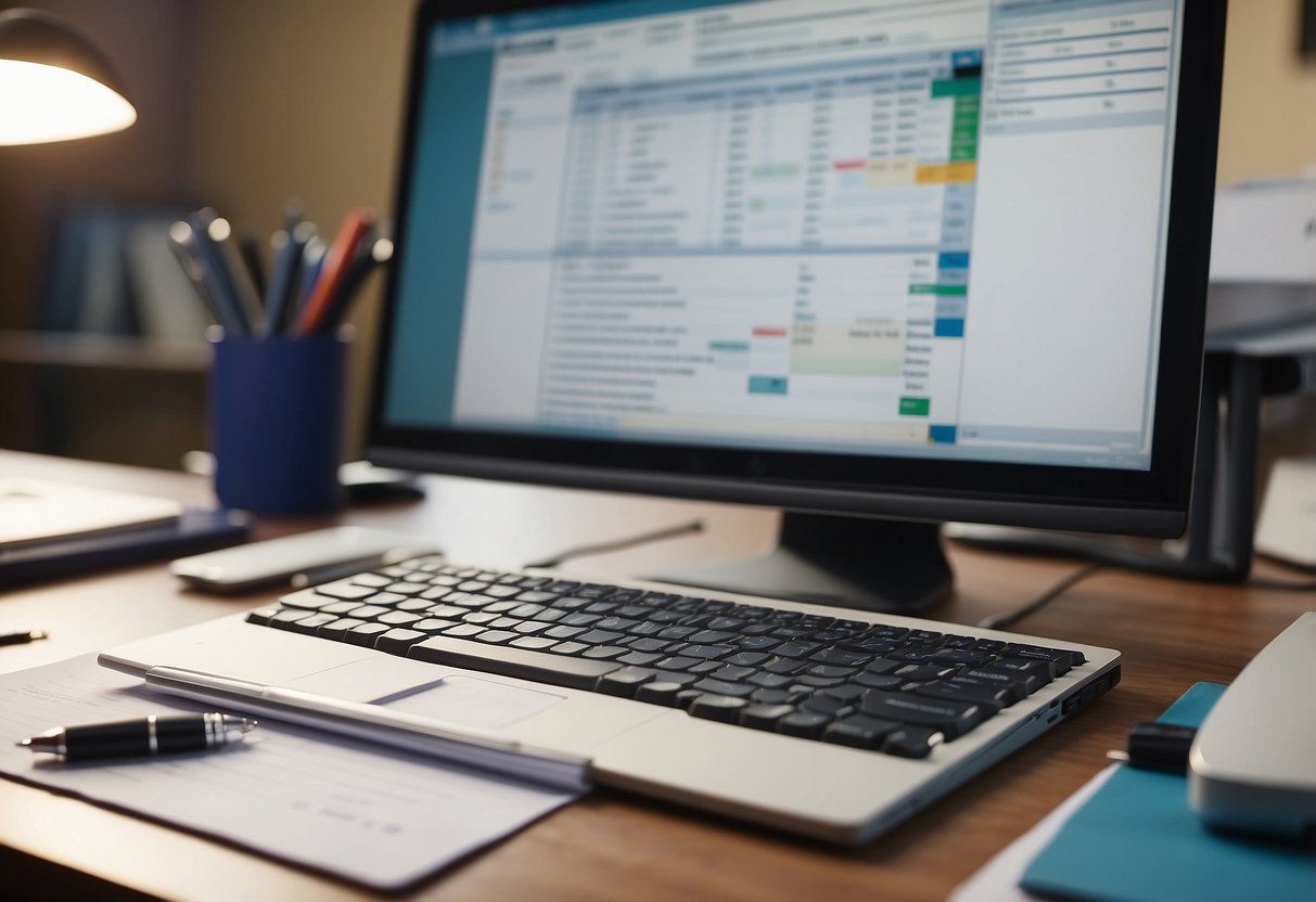 A desk with open folders, a pen, and a computer. Papers are neatly organized, showing records of progress and communication with school staff