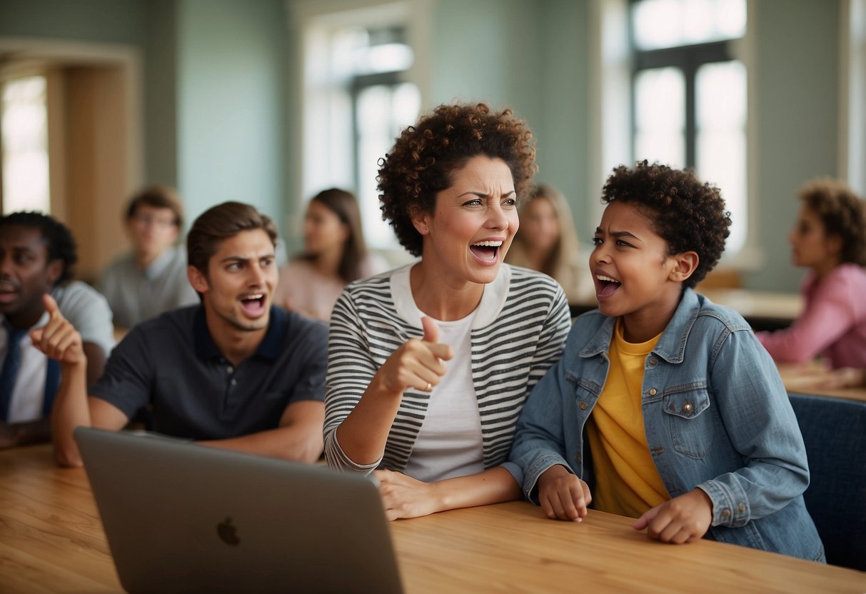 A parent speaking loudly while pointing a finger at a teacher. Another parent interrupting with a raised voice. A third parent shaking their head in disagreement