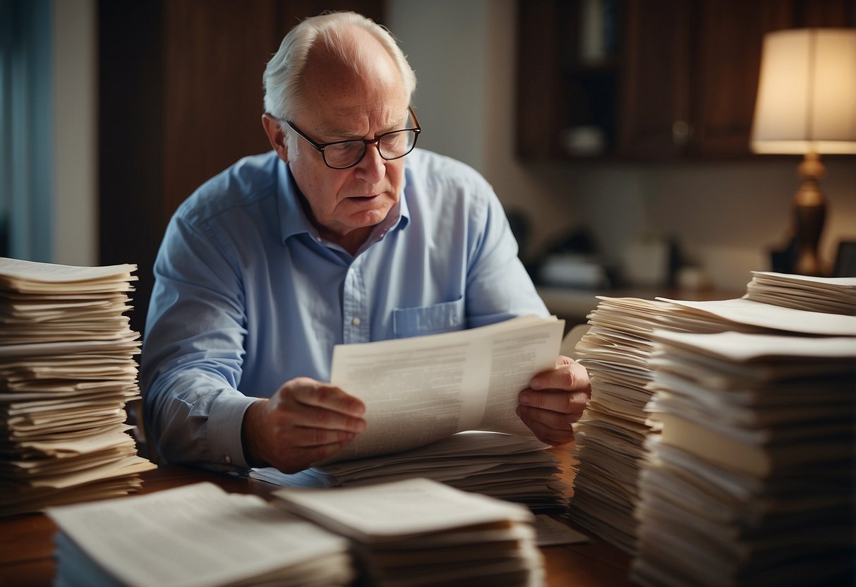 A parent reading through a stack of confusing legal documents, looking frustrated and overwhelmed