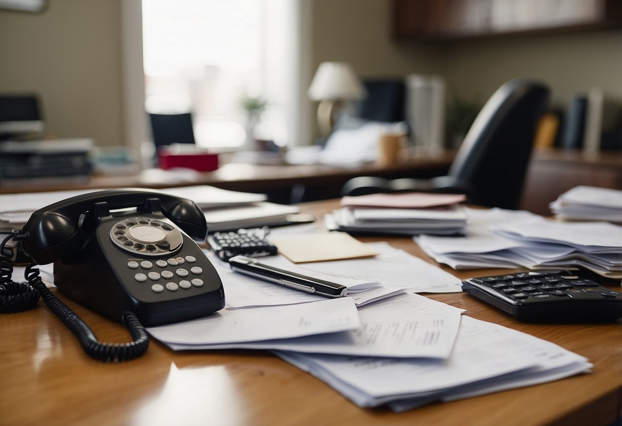 A cluttered desk with scattered papers, missed appointments on a calendar, and a frustrated parent on the phone