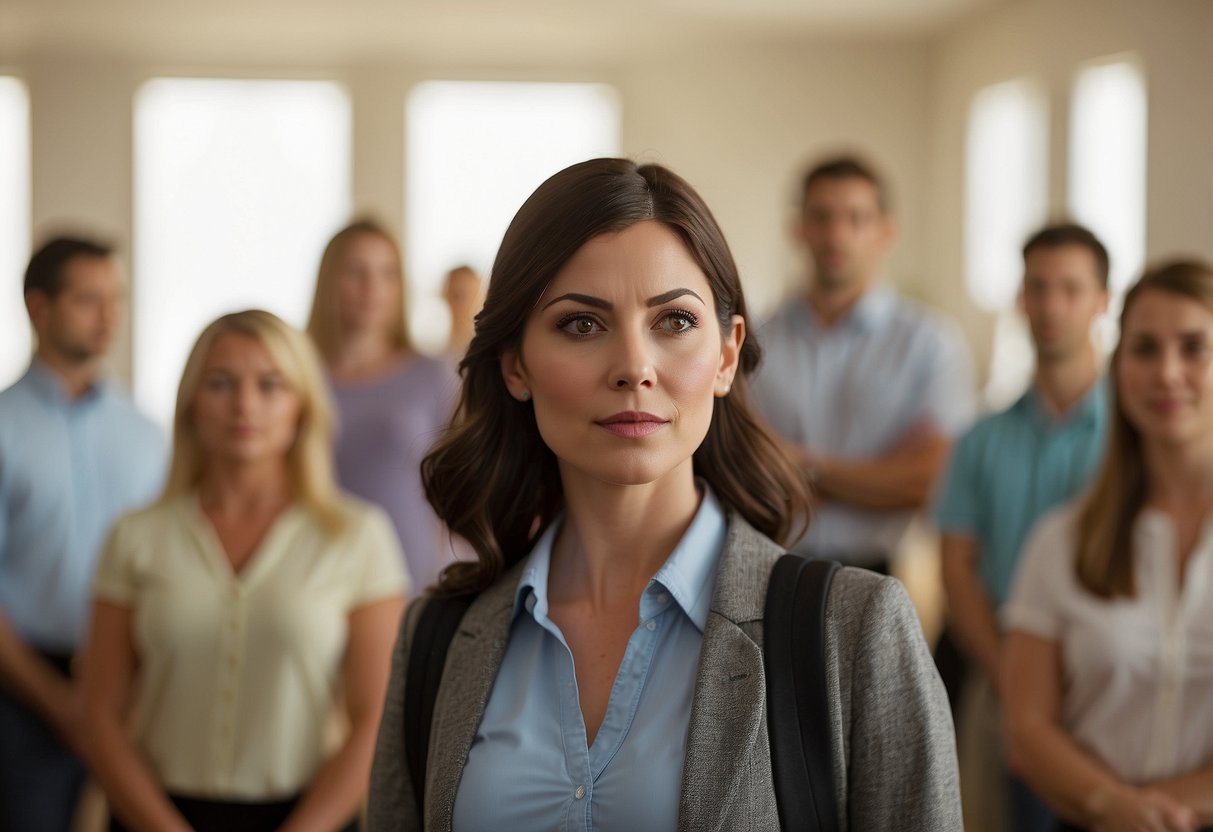 A parent stands isolated while teachers gather in groups, avoiding eye contact. Tension and misunderstanding hang in the air