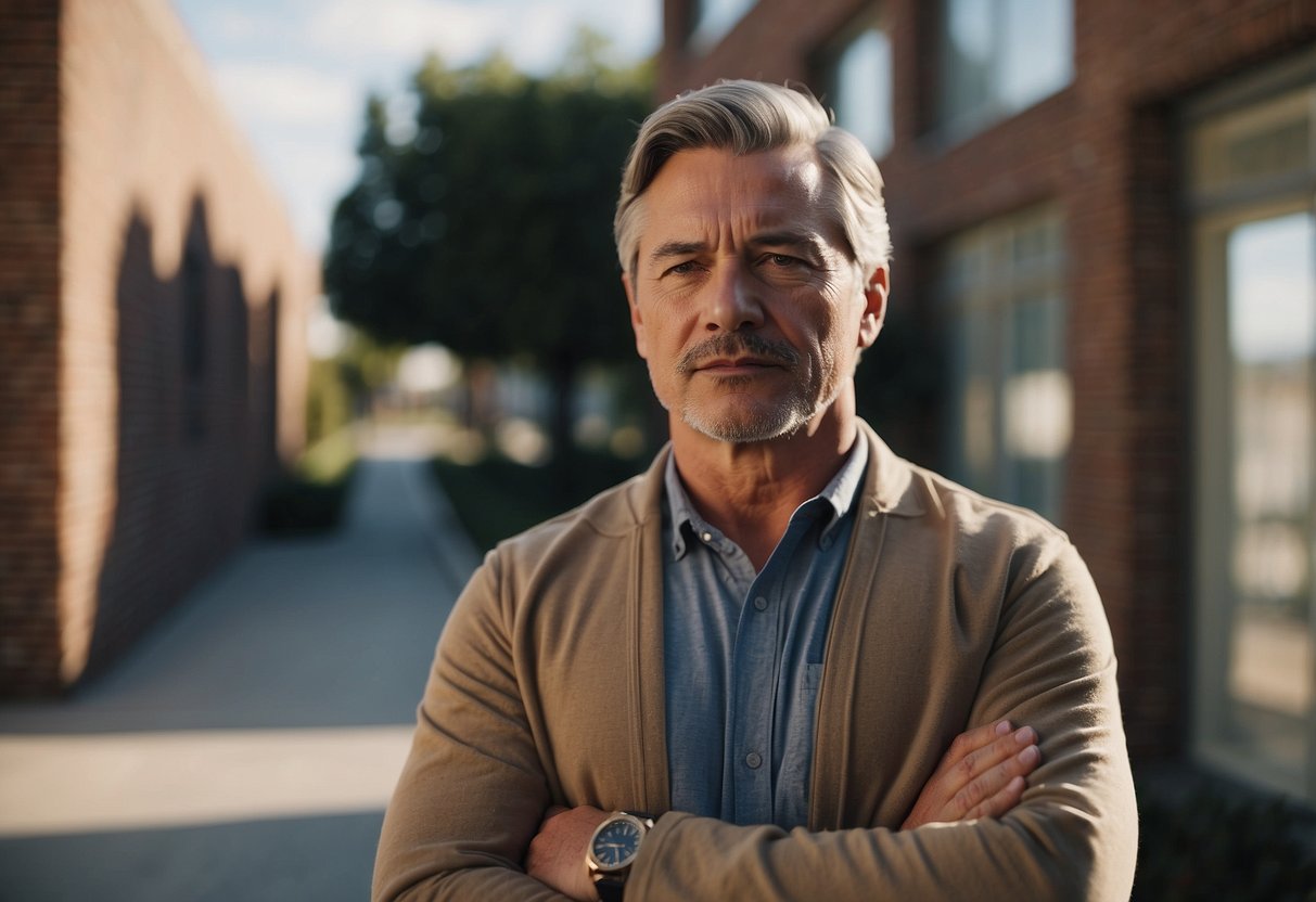 A parent standing outside the school office, looking away with crossed arms and a tense expression, avoiding eye contact with school officials