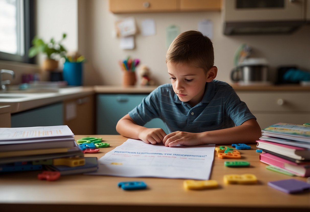 A child stands alone, surrounded by scattered toys and unfinished homework. A calendar on the wall is marked with missed appointments and meetings. A stack of unopened letters from the school sits on the kitchen counter