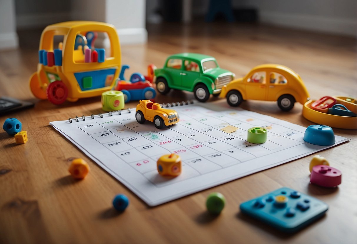 A child's toys scattered on the floor, while a frustrated parent looks on. A calendar with multiple appointments and a stack of paperwork on the table