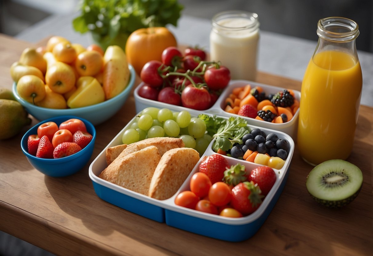 A table with mixed food items, some healthy and some unhealthy. A child's lunchbox with untouched fruits and vegetables. A poster with 10 signs of needing support